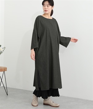 コットンデニム　ノーカラーワンピース(ブラック-M)