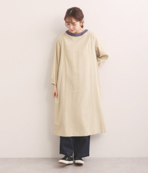 リネンレーヨンオックス　ギャザースリーブワンピース(キナリ-L)
