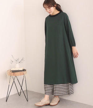 リネンレーヨンオックス　ギャザースリーブワンピース(グリーン-LL)
