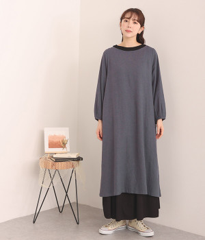 リネンレーヨンオックス　ギャザースリーブワンピース(チャコール-L)