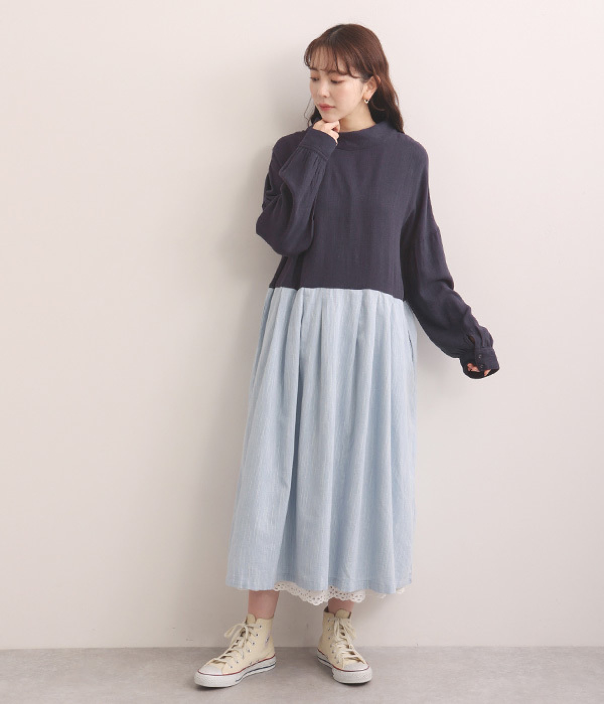 リネンレーヨンスラブ切替バイカラーワンピース(ライトブルー-ONESIZE)