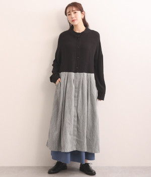リネンレーヨンスラブ切替バイカラーワンピース(グレー-ONESIZE)