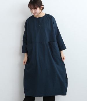 コットンハイカウントチノ　コクーンワンピース(ネイビー-M)