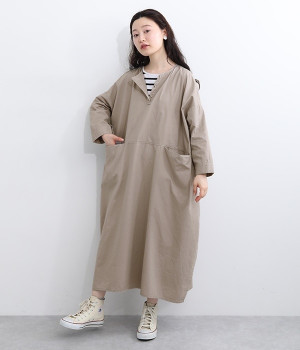 コットンハイカウントチノ　コクーンワンピース(サンドベージュ-L)