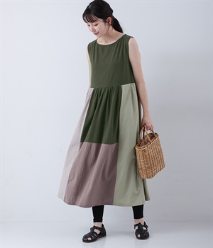 コットンワッシャー　切り替えウエストギャザーワンピース
