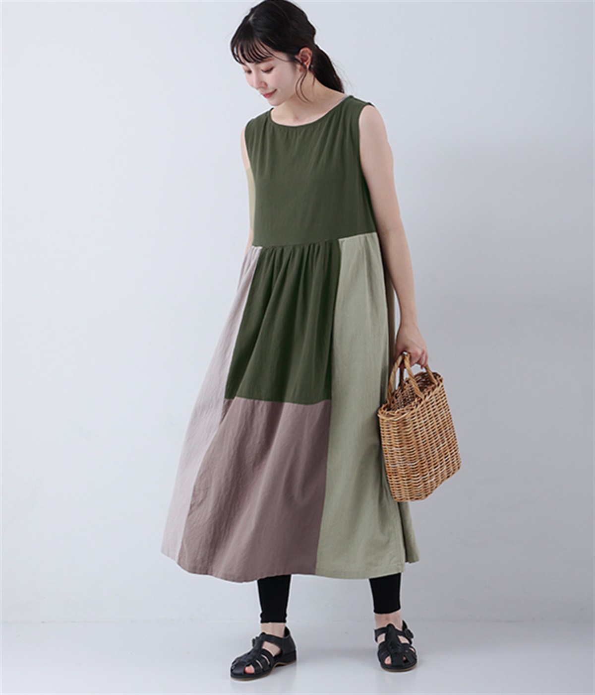 コットンワッシャー　切り替えウエストギャザーワンピース(カーキ-L)