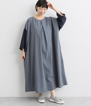 シャンブレー×チェック2WAY切り替えワンピース(ネイビー-L)