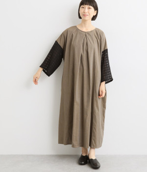 シャンブレー×チェック2WAY切り替えワンピース(ブラウン-L)