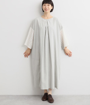 シャンブレー×チェック2WAY切り替えワンピース(ライトグレー-L)