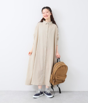 コットンリネンオックス前開きシャツワンピース(キナリ-L)