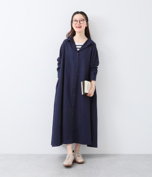 コットンリネンオックス前開きシャツワンピース(ネイビー-L)