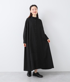 コットンリネンオックス前開きシャツワンピース(ブラック-L)