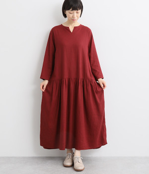 リネンレーヨンオックスウエストギャザーワンピース(ボルドー-M)
