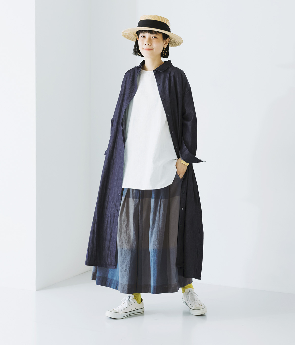 4.5オンスコットンデニム前開きシャツワンピース(ネイビー-M)