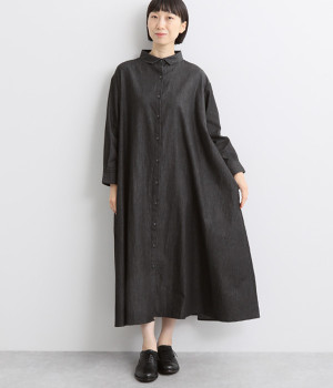 4.5オンスコットンデニム前開きシャツワンピース(ブラック-L)