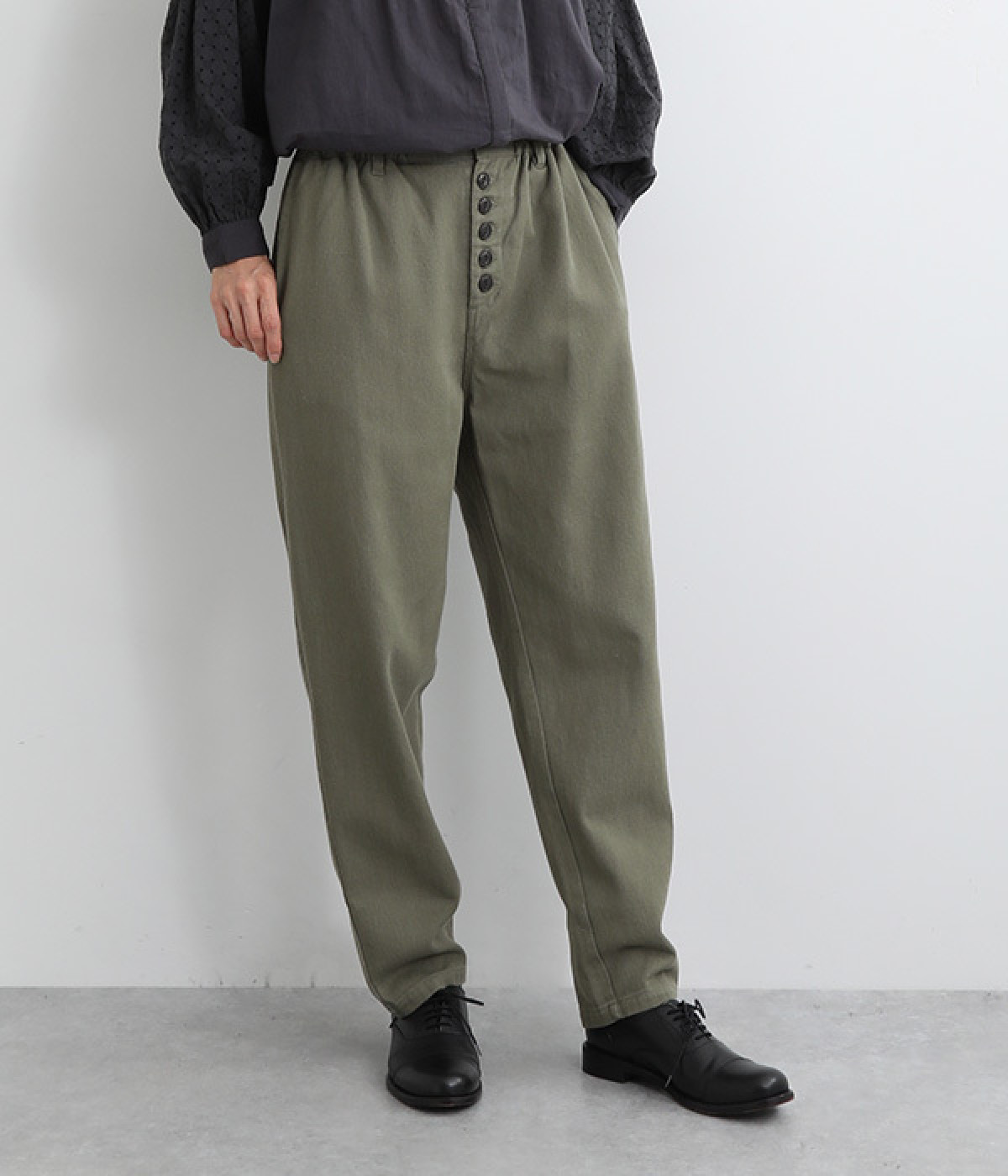 コットンかつらぎ前ボタンチノパンツ(カーキ-M)