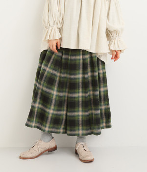 コットンオンブレチェック起毛 キュロットパンツ(グリーン-L)