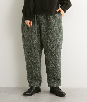 ウール混ツイードテーパードパンツ(グリーン-L)