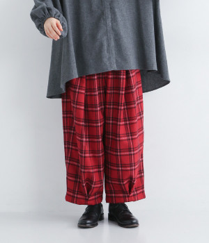 ツイードチェック裾タックパンツ(レッド-L)