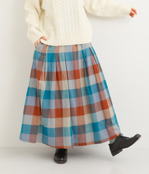 コットンビエラブロックチェックスカート(ターコイズ-M)