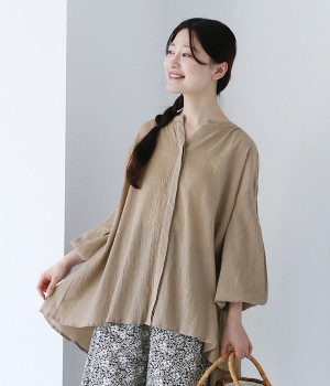 コットンジョーゼット 前あき袖口タックブラウス(グレージュ-ONESIZE)