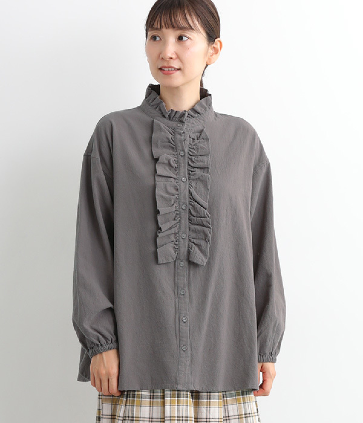 コットンオックス前あきフリルブラウス(チャコール-M)