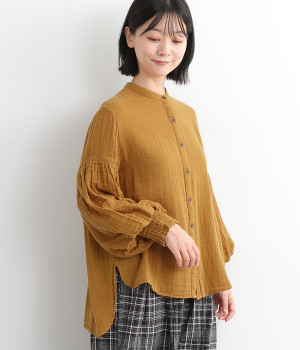 コットンWガーゼ袖ボリュームブラウス(マスタード-L)