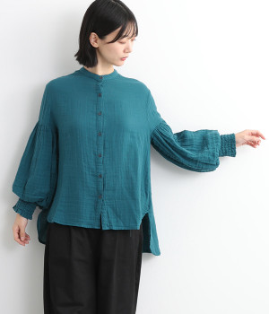 コットンWガーゼ袖ボリュームブラウス(ターコイズ-L)