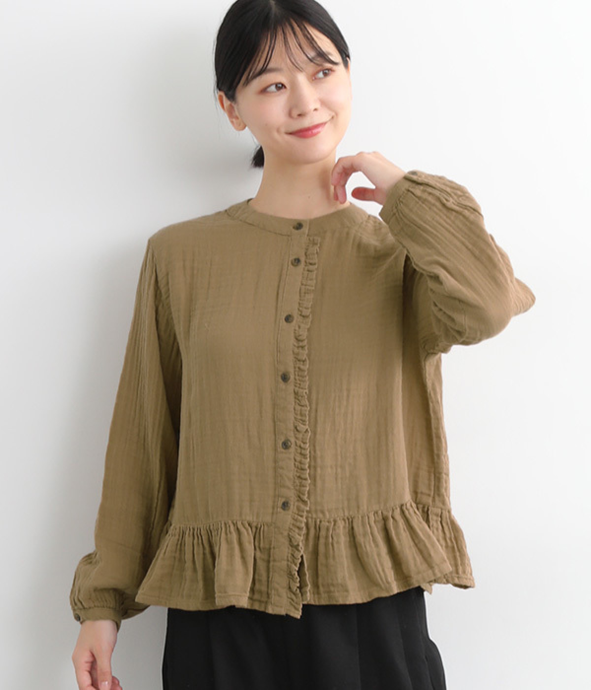 コットンWガーゼ裾ペプラム前あきブラウス(ベージュ-M)