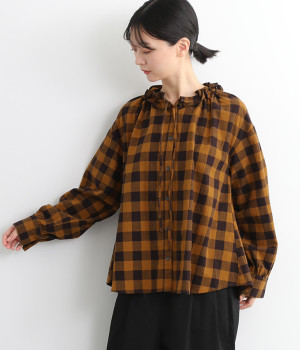 コットンブロックチェック襟ギャザーリボンブラウス(マスタード-M)