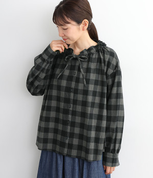 コットンブロックチェック襟ギャザーリボンブラウス(ブラック-L)