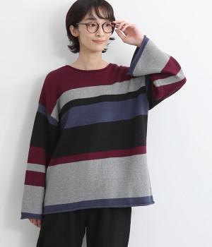 5Gマルチボーダーニットプルオーバー(ワイン-L)