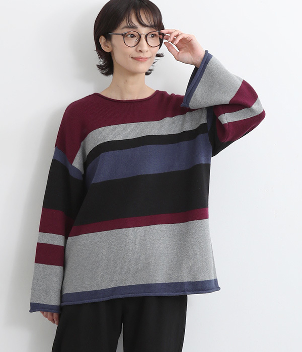 5Gマルチボーダーニットプルオーバー(ワイン-M)