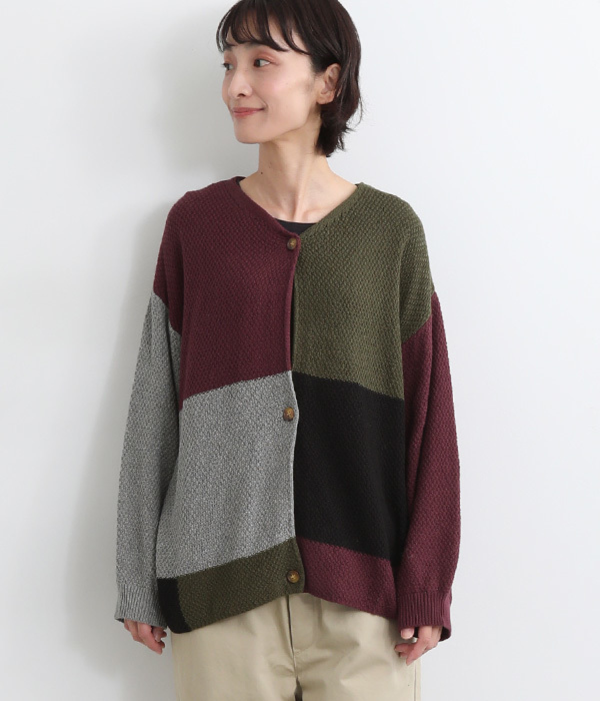 7Gパッチワークカーディガン(ワイン-M)