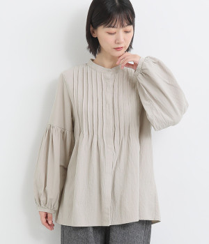 コットンオックス 前後タックパフスリーブブラウス(ライトグレー-L)