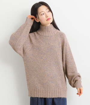 カラーミックス　リブハイネックニットプルオーバー(ピンク-L)