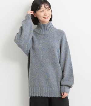 カラーミックス　リブハイネックニットプルオーバー(ブルー-L)