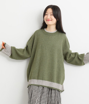 配色ニットプルオーバー(グリーン-ONESIZE)