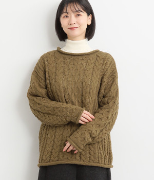 アクリルウールケーブル編みニット(ブラウン-L)