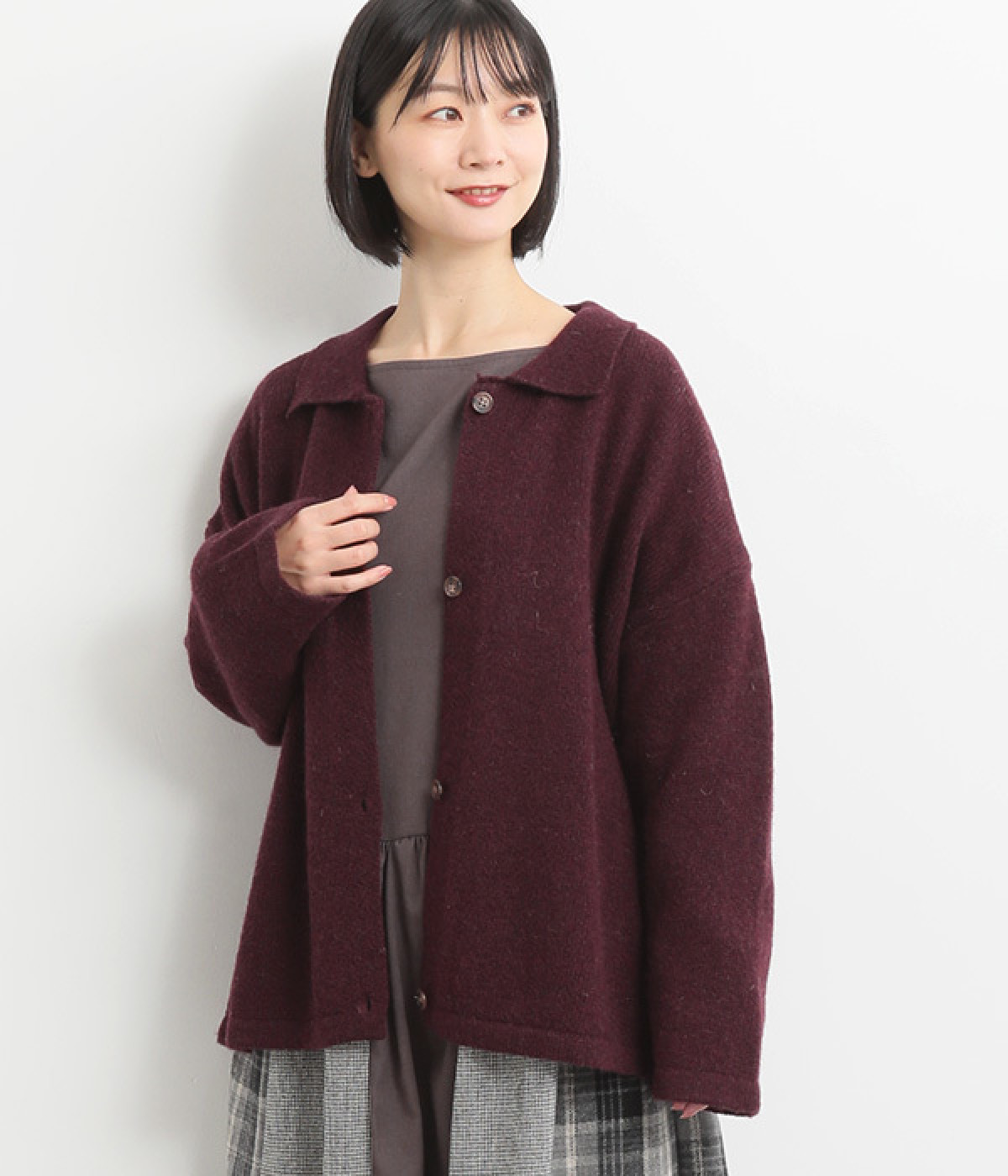 襟付きニットカーディガン(ワイン-M)