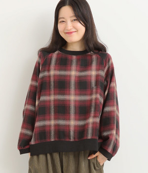コットンオンブレチェック起毛 プルオーバー(レッド-L)