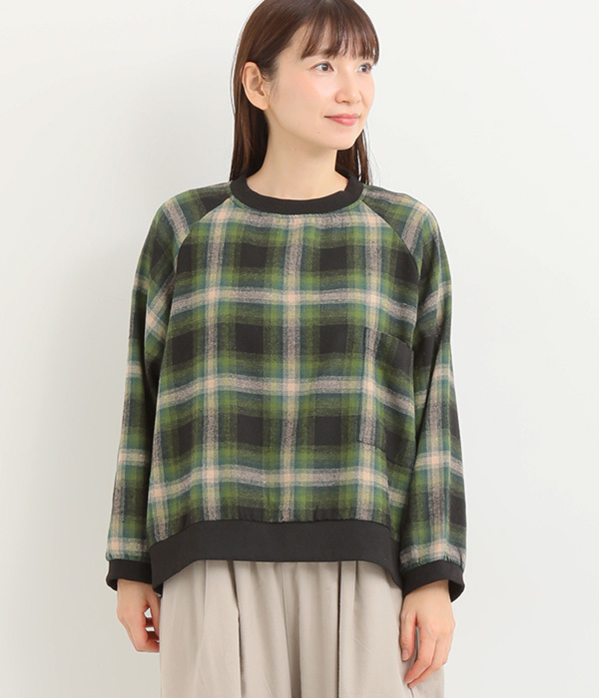 コットンオンブレチェック起毛 プルオーバー(グリーン-M)