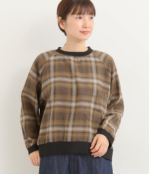 コットンオンブレチェック起毛 プルオーバー(ブラウン-L)