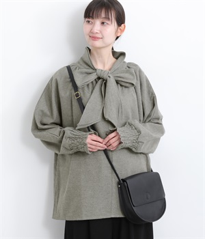 コットンオックス起毛 2WAY襟リボンブラウス(グレー-L)