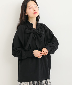 コットンオックス起毛 2WAY襟リボンブラウス(ブラック-L)