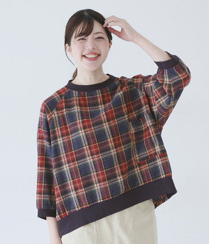 コットンソフトネルチェックポケット付プルオーバー(レッド-L)
