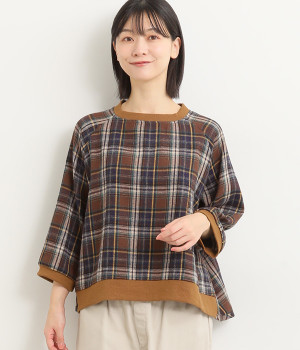 コットンソフトネルチェックポケット付プルオーバー(ブラウン-L)