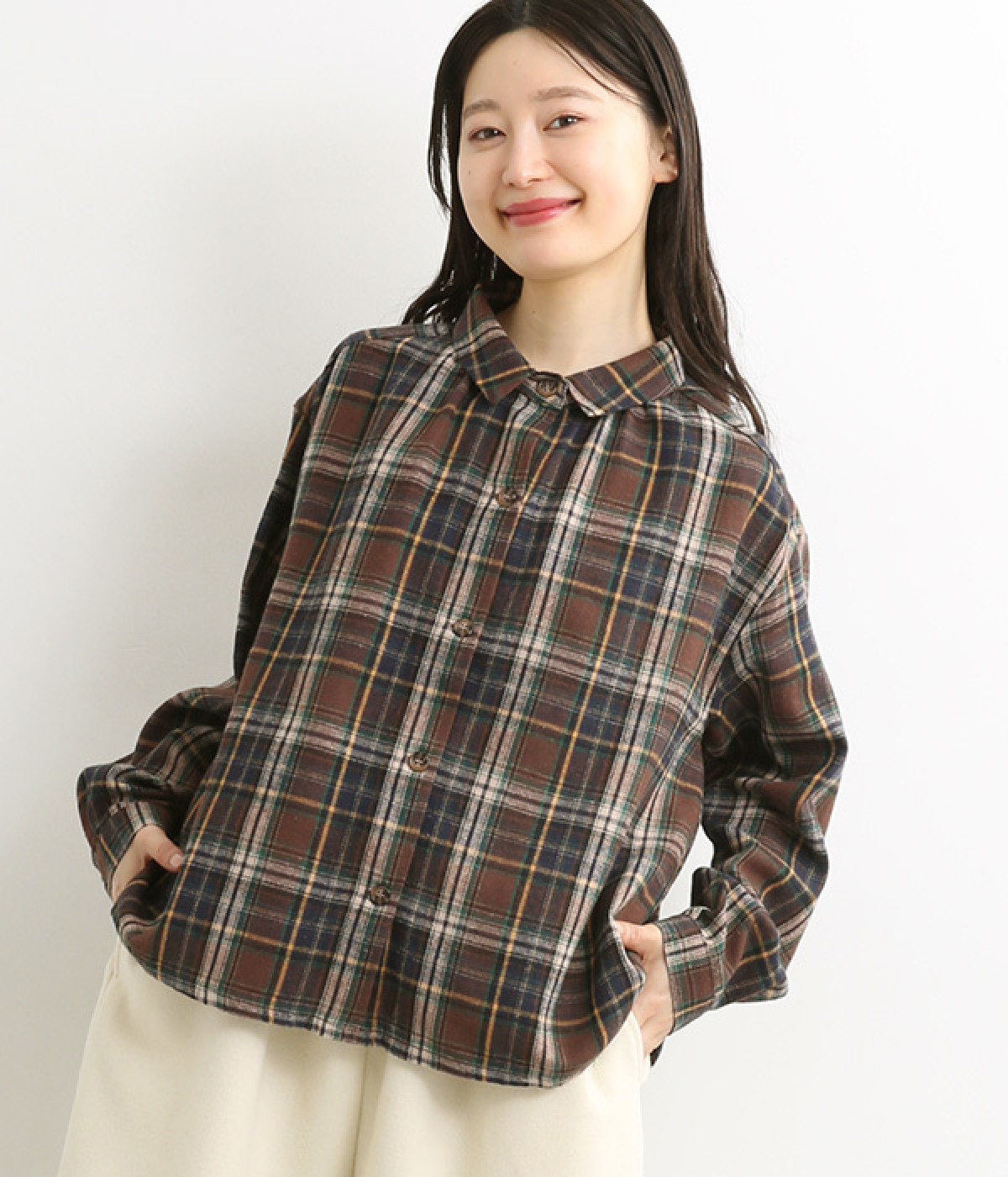 コットンソフトネルチェック襟付きシャツ(ブラウン-M)