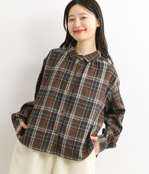 コットンソフトネルチェック襟付きシャツ(ブラウン-M)