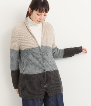 畔編み3配色ニットカーディガン(アイボリー-ONESIZE)